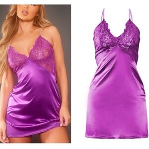 NWT PrettyLittleThing Purple Diamante Strap Lace Cup Satin Shift Dress